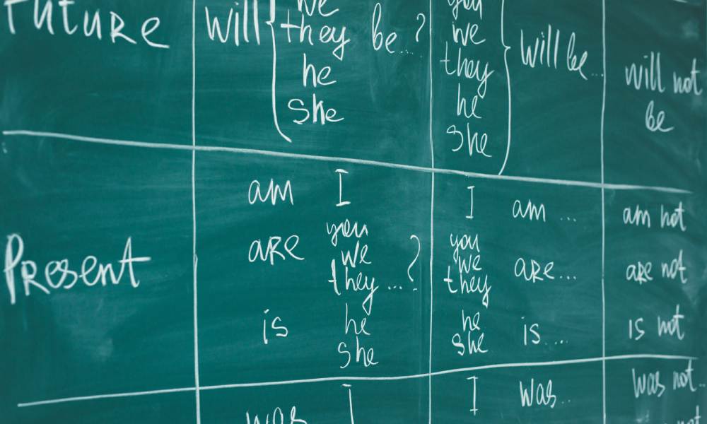 Green chalkboard with English grammar lesson.
